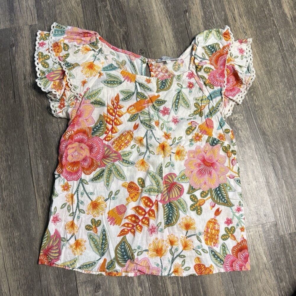 Rachel Zoe Dress Large Floral Boho Cottagecore Linen Flutter Sleeve Womens